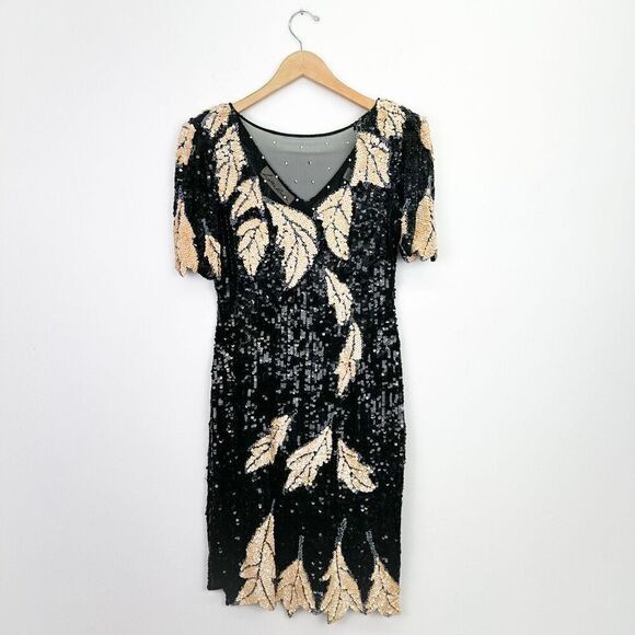 Lillie Rubin Women’s Black Cream All Over Sequin Leaf Illusion Neck Mini Dress - Picture 1 of 16